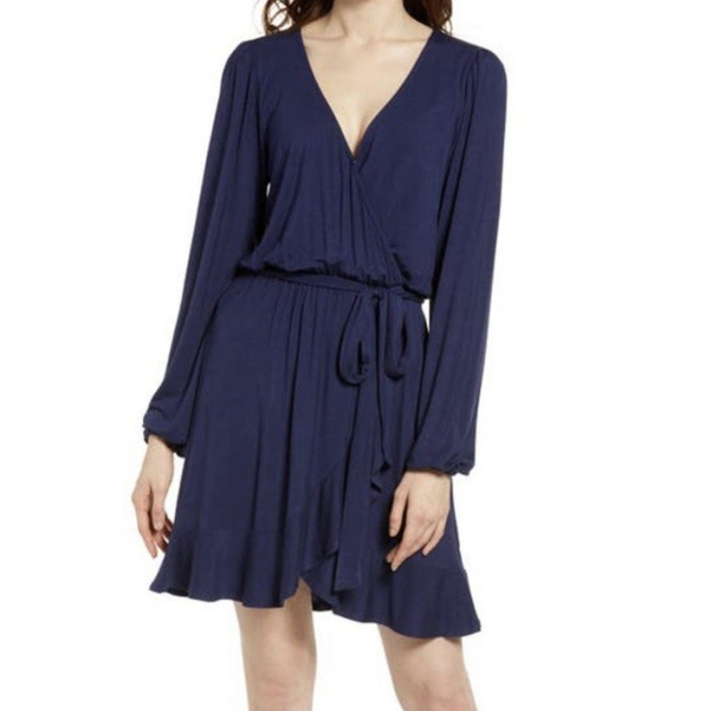 NEW BP. Nordstrom Navy Long Sleeve V-neck Ruffle Wrap Tie Waist Mini Dress - NWT